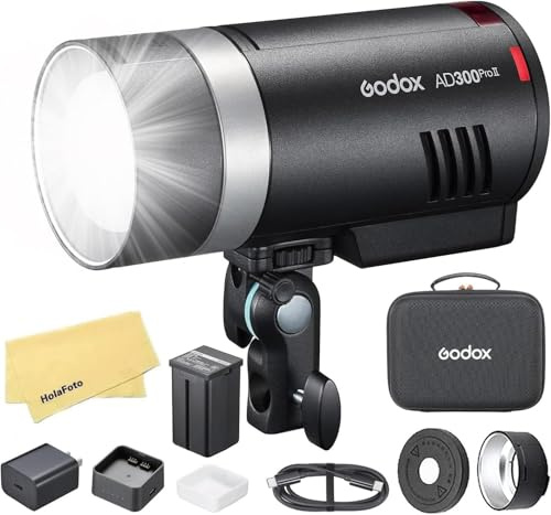 GODOX AD300 Pro II AD300Pro II 2.4G TTL1/8000 HSS 300W Flash per Esterni,Batteria 14,4V/2600mAh,Riciclo 0,01-1,5s,1,2kg,16 Gruppi Colori,350 Full Power Pop per Canon Sony Nikon Fuji Olympus Panasonic