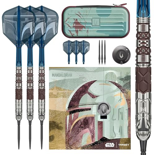 Target Darts Star Wars Mandalorian 95 % volframstålspetspilar, 22 G/24 G/26 G | svarta schweiziska stormpunkter, svart och blå K-Flex nr.6/nr.2 axlar och flygningar, premium schweizisk nyckelring