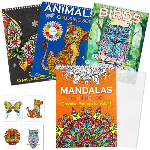 4 Pcs Mandalas a Colorier Adulte avec Motifs Mandala, Animaux et Papillons | Livre de Coloriage Anti Stress pour Adultes, A4, Reliure à Spirale, Design Déchirable pour Soulager le Stress et Se Détendre