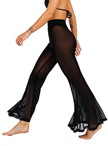sofsy Nero Pantaloni Copricostume a Rete da Donna Pantaloni Copricostume da Spiaggia Sexy Trasparenti Vedo Non Vedo Bikini Costume da Bagno Plus-Size Large