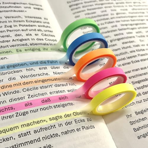 Bookgear Highlight Tape – 5 Rollen Neon Markierungsband – Transparent & Wiederablösbar – 5 m je Rolle – für Bücher, Schule & Notizen