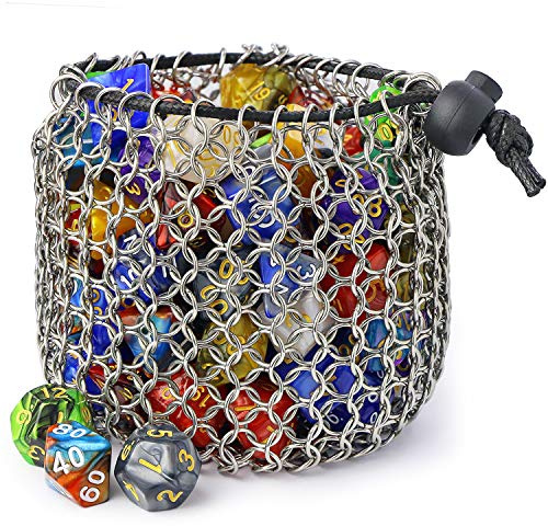 YOUSHARES Drawstring D&D Dice Bag - Large Capacity Stainless Steel Chainmail Dice Bag for Dungeons and Dragons Dice Set (Hold 100 DND Dice)