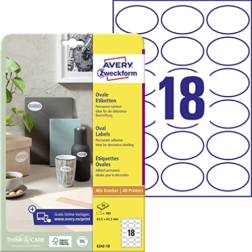 AVERY Zweckform 6242-10 Ovale Etiketten (180 Klebeetiketten, 63,5x42,3mm auf A4, ovale Aufkleber zum Bedrucken, selbstklebende Produktetiketten, permanent haftende Marmeladenetiketten) 10 Blatt, weiß