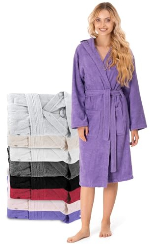 Twinzen Bata Baño con Capucha, Albornoz 100% Algodón para Mujer (M, Morado), 2 Bolsillos, Cinturón Certificado Oeko Tex - Bata de Baño - Albornoz Suave, Absorbente y Cómodo