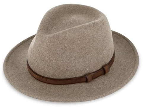 fiebig Lewis Fedora Wollfilzhut | Crushable & Waterproof Filzhut mit Ledergarnitur | Outdoor Hat Made in Europe (61-XL, Taupe-Melange)