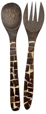 VIE Salad Servers, Coconut Wood with Coconut Chip Inlay, 30x7cm