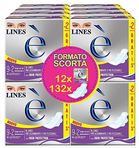 LINES È LUNGO con ali, Pacco scorta da 132 assorbenti per ciclo mestruale, l'unico con struttura in Lactifless, Il LINES più assorbente e più flessibile, con Odor Protection