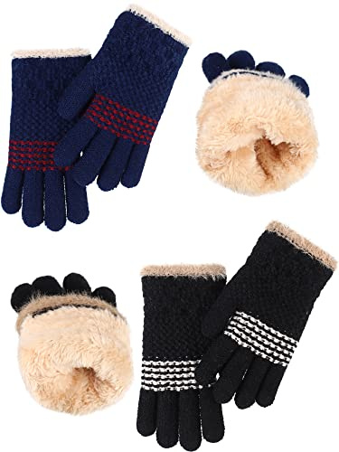 Sintege 2 Pairs Winter Knit Gloves Kids Boys Girls Warm Thermal Cable Knitted Gloves 5-12 Year Wool Fleece Liner Mittens(Navy Blue, Black)