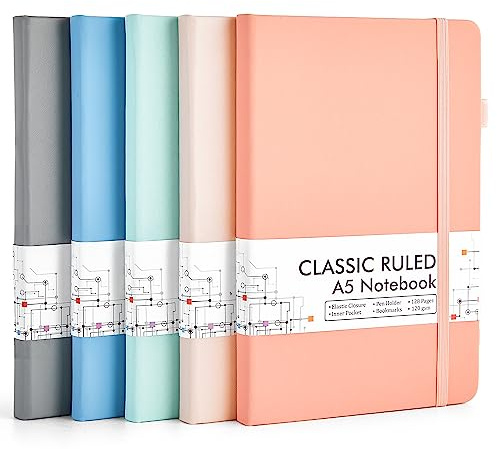 feela Lot de 5 Carnet de Notes A5 avec 5 Stylos Noirs, Carnet A5 Ligné Classique à Couverture Rigide, Carnet de Notes Cuir pour Travail et Prise de Notes, 128 Pages, 120 gsm, Couleurs Pastel