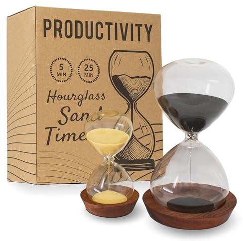 Decorative Hourglass Sand Timer Set - Includes 25 and 5 Minute Sandglass Pomodoro Timers with Wooden Bases - Time Management Productivity Tool - Gift for Home Office Desk