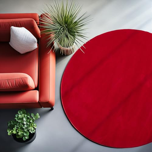 SIMPEX Teppich Wohnzimmer Schlafzimmer Esszimmer Läufer Flur Flauschiger Teppich Waschbar rutschfest Soft Weich Carpet Kurzflor Größen, Rot, 160 cm Rund