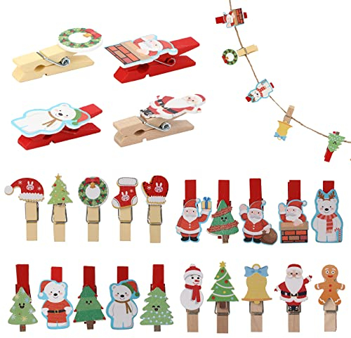 Ailvor Holzklammern Weihnachten, 40 Stück Wäscheklammer Holz mit Jute Schnur, Klammern Weihnachten Klein, Zierklammern Dekoklammern für Fotos Party Weihnachten Dekoration Hochzeit