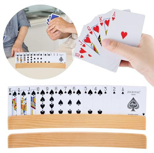 PlsMupn 2 Piezas Sujeta Cartas Soporte para Naipes de Madera, Soportes para Cartas de Juego, Bandeja para Naipes de Diseño Curvo, Soporte para Poker Naipes, para Niños Personas Mayores