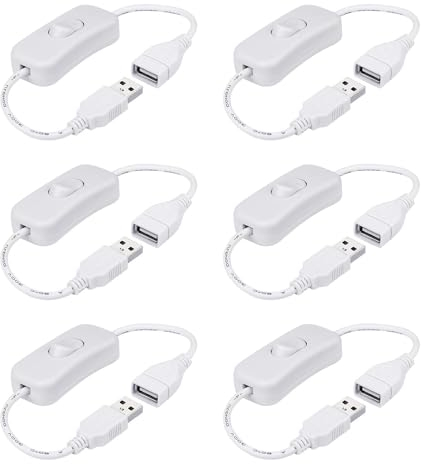 HUAZIZ Weiße USB Schalter kabel 0,3m, Kabel mit Ein/Aus-Schalter, Verlängerungs-Inline-Wipp für Fahrrekorder, LED-Schreibtischlampe, USB-Lüfter, LED-Streifen(6 Stück)