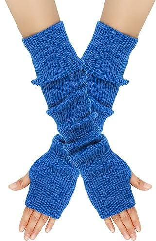Surakey Winter Gestrickte Handschuhe für Damen, 1 Paar Fingerlose Armstulpen Feinstrick lang Handwärmer Stulpen, Warm Strick Handschuhe Pluswärmer Handstulpen Armwärmer Stulpen für Damen,Blau