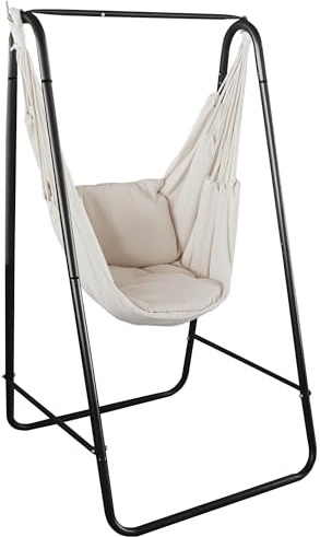 Outsunny Fauteuil Suspendu extérieur avec Support, Chaise Suspendue avec Coussin, accoudoir, Crochets, Blanc crème