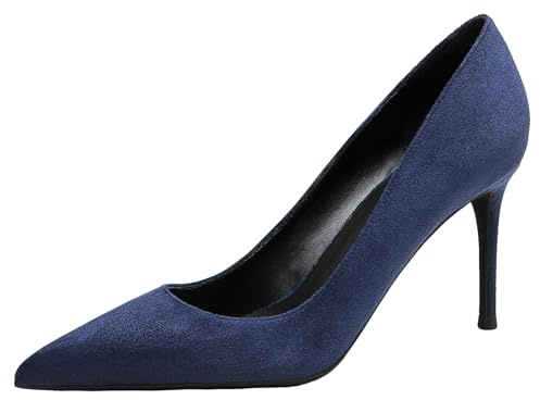 Jamron Mujer Terciopelo 8CM Tacones Altos Elegante Puntiagudo Pumps Zapatos de Oficina Azul Marino SN0711129-2 EU37