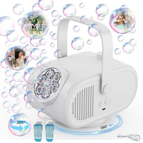 Pulsky Seifenblasenmaschine 22000+ Seifenblasen/Min, 90°/180°/360° Rotierende Automatische Wiederaufladbare 3 Geschwindigkeiten Bubble Machine für 3 4 5 6 Jahre Kinder, Partys, Hochzeit（Weiß）