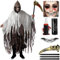 Hpbaggy Déguisement Faucheur Hommes, Déguisement Halloween Faucheuse, Halloween Déchirée Cape à Capuche avec Faucille & Autocollants de Tatouage Effrayants pour Halloween, Carnaval (Brun)