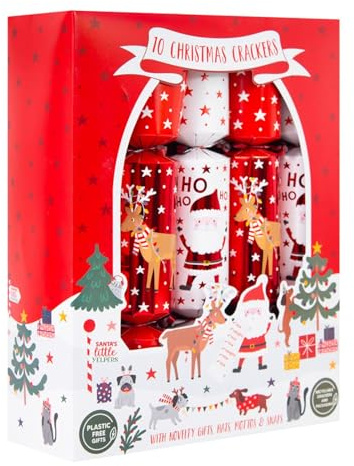 Set Of 10 Christmas Crackers Santa And Reindeer White And Red Festive Table Decor Family Xmas Party Fun