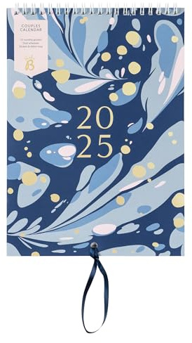 Busy B - Calendario da parete per coppie 2025 - Sottile in Marmo Blu marino con doppio calendario, tasche mensili e adesivi - Calendario da appendere A5 per la pianificazione congiunta