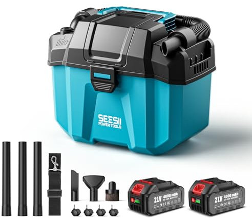 SEESII Akku Nass und Trockensauger, 3-in-1 Werkstattsauger mit Gebläse 2x4000mAh Batterien, 10L Nass Trockensauger Mini, Schultergurt, 4 Rädern und Aufsätzen, Ideal für Werkstatt/Auto/Baustelle (Blue)