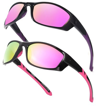 Myiaur 2-pack sportsolglasögon för kvinnor, polariserade cykelglasögon och löpglasögon med UV400-skydd, Wraparound, sportglasögon för cykling, löpning, A03 (2-pack) svart röd + svart lila