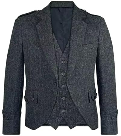 Giacca scozzese Argyle con gilet a 5 bottoni – classica lana tweed elegante | giacca kilt da uomo per matrimonio, grigio antracite, 60