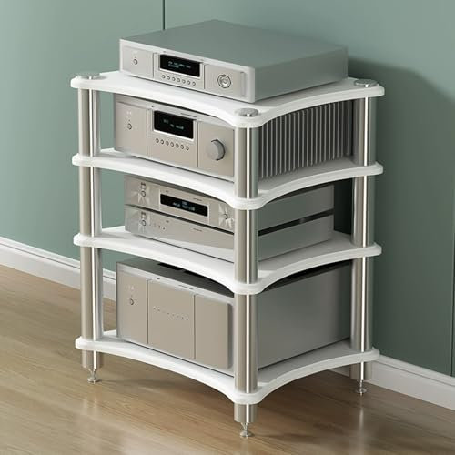 Scaffale per componenti audio resistente, supporto multimediale e centro intrattenimento, scaffalatura per apparecchiature DVD e AV, design ad angolo piccolo, soluzione di archiviazione robusta e