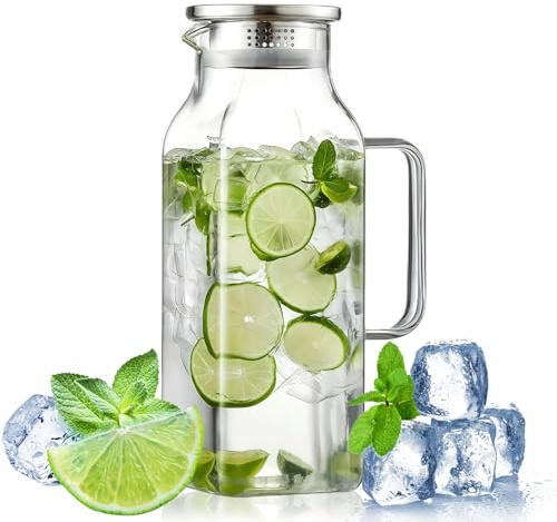 GOEDCH Jarra de agua caliente y fría de 2000 ml de vidrio de borosilicato: jarra de agua cuadrada de cristal con caño en forma de V, jarra de agua con tapa sellada para agua caliente/fría, té helado y