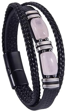 HUIANGLIYG Bracciale Da Uomo In Pelle Con Protezione In Pietra Naturale, Multistrato, Intrecciato, Bracciale Rigido, Braccialetti Vintage Punk, Gioielli, Regali Per Uomo E Donna, Quarzo Rosa, 21 Cm
