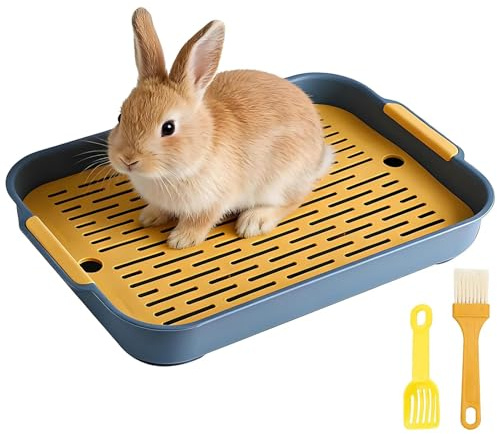 Large Rabbit Litter Tray, Rectangular Rabbit Cage Toilet Tray, Small Animal Litter Box for Pet Toilet Training, with Urine Sand Scoop, for Bunny, Guinea Pig, Cat(Blue)