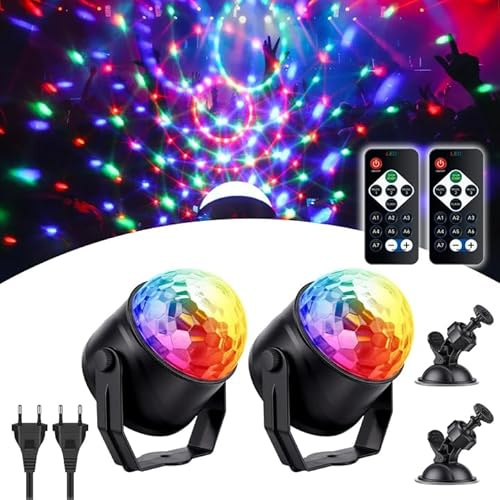 Bola de Discoteca, Fiesta LED Controlada por Música, Tira de luz Esférica Giratoria de 360° con Control Remoto, 3Modos, DJ RGB de 3W, Adecuada para Reunión, Decoración de Cumpleaños, Navidad, Bar 2PC