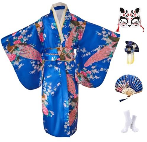 Kimono Enfant Deguisement Japonaise Fille Robe Japonaise pour la Fête et le Spectacle,Satin Cosplay Anime avec Eventail Pliant,Chaussettes Tabi,Masque de Renard et Epingle à Cheveux,Bleu Royal,140