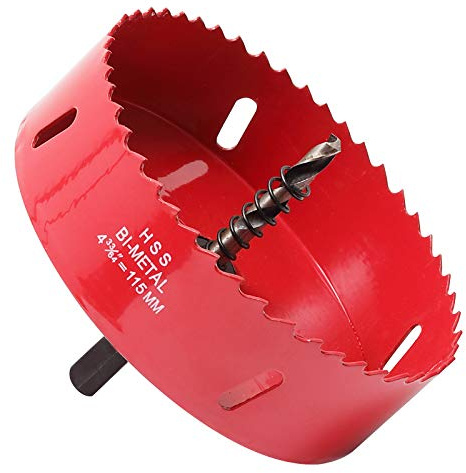 Sierra de corona de 115 mm, acero rápido HSS M42, sierra perforadora bimetálica, fresa de agujeros con vástago hexagonal y broca para madera, paneles de yeso y chapa metálica, 1 pieza roja