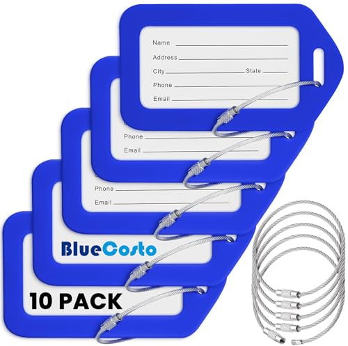 BlueCosto Luggage Tags (Small, Blue, 10 PK) - Suitcase Tags w/Name ID Card & Heavy-Duty Metal Wire Loops - Bright Coloured PVC Tags for Travel Baggage - Backpack Name Labels