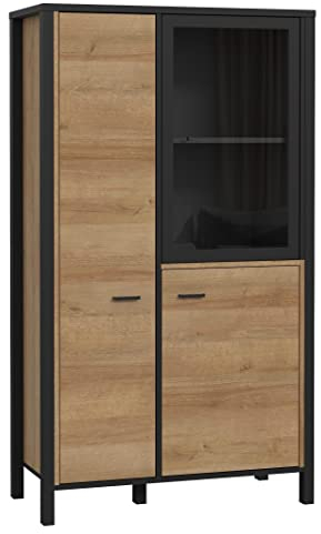 Newroom Vitrine Schwarz und Riviere Eiche Vitrinenschrank Modern - 86,3x152,3x40,2 cm (BxHxT) - Glasvitrine Standvitrine Glasschrank - [Onate.six] Wohnzimmer Wohnstube