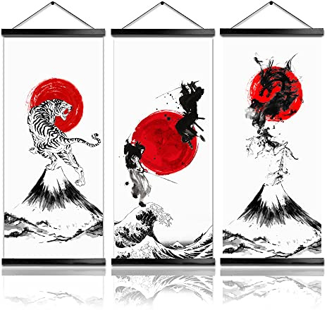 MBOUFOEY Japanese Samurai Canvas Print Hanging Poster Original Art Dragon and Tiger Warrior Painting Wood Framed Ready to Hang Artwork for Wall Living Room Bedroom Karate Hall Sushi Restaurant Home
