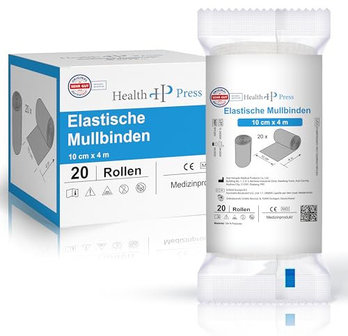 Health Press Mullbinden – Verbandsmaterial (10cm x 4m) 20 Rollen – Elastischer Binden Verband – Medizinprodukt – Dermatologisch getestete Fixierbinde – Bandage Ideal für Erste Hilfe & Wundversorgung