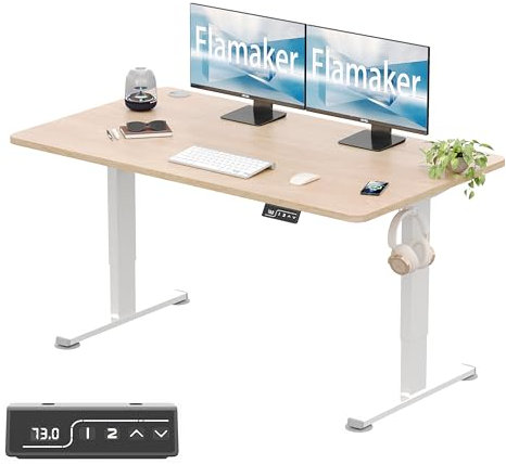 Flamaker Electric Standing Desk 120x60cm Height Adjustable 73-118cm 4-Button Memory Control & LED Display Heavy-Duty Steel Frame 50kg Weight Capacity Anti-Collision Hook & Cable Port,Beige
