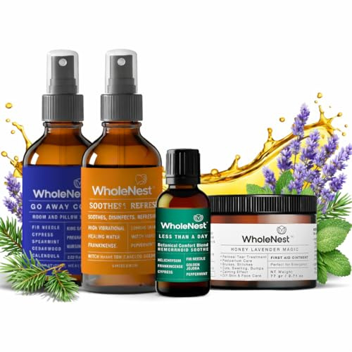 Wholenest Postpartum Recovery Kit | Essential Care Set for New Moms with Wonder Spray, Honey Lavender Magic Ointment, Hemorrhoid Relief and Go Away Cold! Spray | Natural Multi-Purpose Support