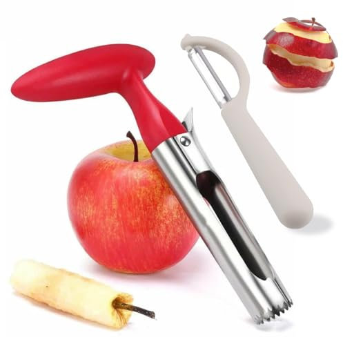 EIH1 Levatorsolo per Mele in Acciaio Inox,Levatorsolo mela,Togli Torsolo Mela, Incluso 1 Sbuccia mela, Mela Lama Seghettata Pera Core Remover Strumento, per la Casa e la Cucina(Rosso)