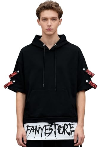 KENAIJING Maglietta con Cappuccio Uomo Felpa Mezza Manica Hip Hop Sweatshirt Maniche Corte T-Shirt（Nero, M）