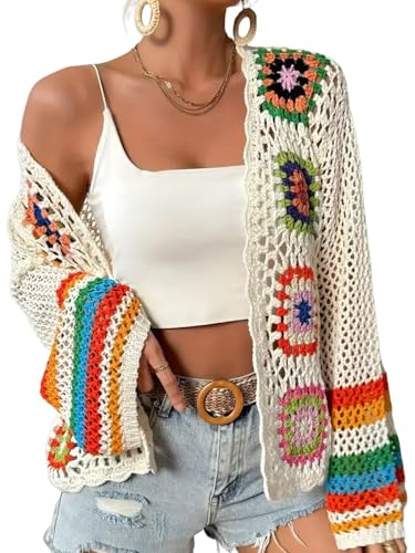 LIUYUYOUGO Cardigan Élégant Femme Cardigan en Crochet Fleuri pour Femme Fait À La Main Tricoté Ajouré Style Bohème Motif Floral Carré Manteaux Légers Manches Évasées Hauts Cache-Épaules