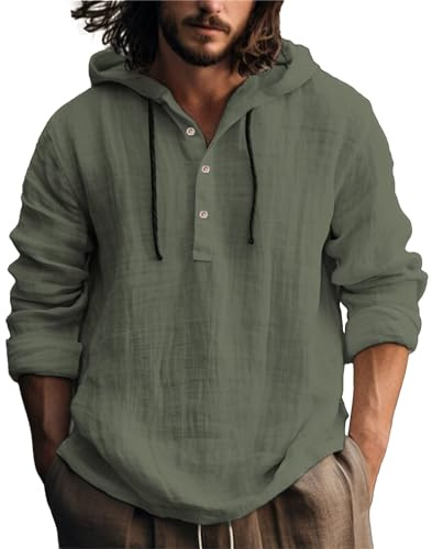 Sudadera con capucha de lino de manga larga para hombre, cuello en V, con botones, estilo casual, talla grande y alta, camisa inspirada en hippie para días relajados
