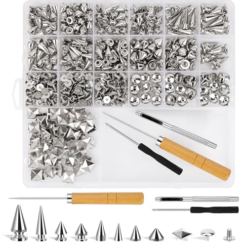 Windspeed 543P Punk Spikes and Studs Kit with 8 Size Punk Metal Tree Spikes Studs and 2 Size Pyrami Studs Flat Back Rivets for Leather Clothing Shoes DIY Craft Decorations
