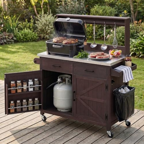 54.1 Outdoor Kitchen Island with High Shelf, Large Outdoor Potting Bench Table with Stainless Steel Top and Storage Cabinet, Solid Wood Grill Cart with Lockable Wheels for BBQ, Garden (Brown-01)