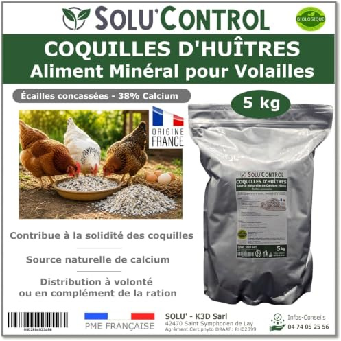 5 kg Écailles de Coquilles d'Huîtres pour Volailles (Poules, oies, ...) - SOLU'CONTROL - Aliment Minéral Naturel, 38% Calcium