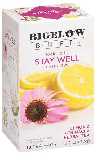 Bigelow Benefits Stay Well Lemon and Echinacea Herbal Tea, Caffeine Free, 18 Count (Pack of 6), 108 Total Tea Bags