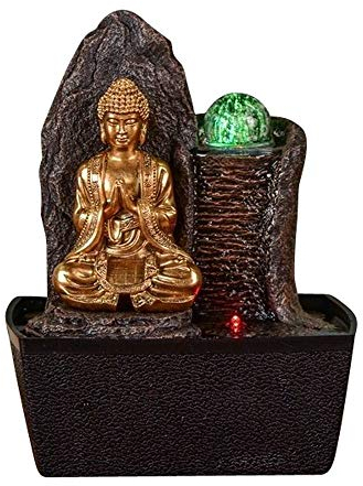 Brunnen Buddha Haka - Entspannender Buddha -Innenbrunnen LED -Licht - Feng Shui -Objekt - geschlossener und Goldener Stromkreis - H 26 cm - Zen'light, Braun + Gold